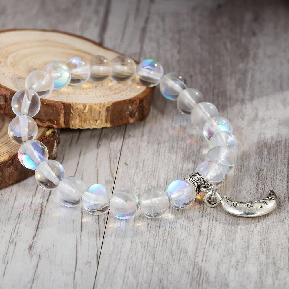 Handmade 8mm Moonstone Bead Elastic Thread Stat and Moon Charm Women Bracelet Jewelry for Gift Drop Shipping